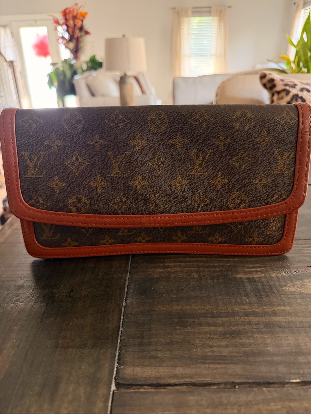 Louis Vuitton Monogram Canvas Flap Clutch in Brown and Warm Brown Trim